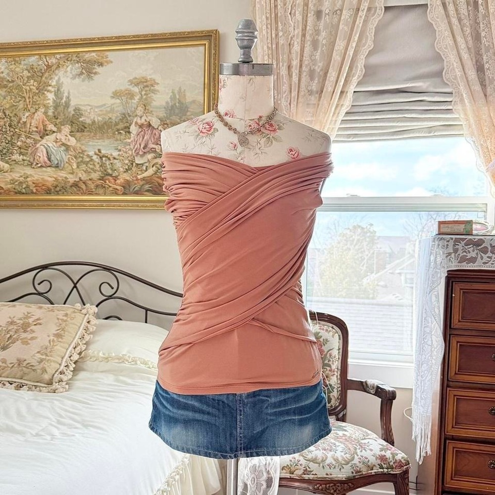 Brown ruched top  Y2K wrap front top tahari‎ size xs